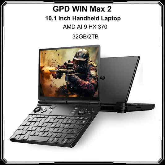 Durable GPD Win Max 2 gaming laptop with 32GB RAM, 1TB SSD, AMD 8840U CPU, compact mini PC design.