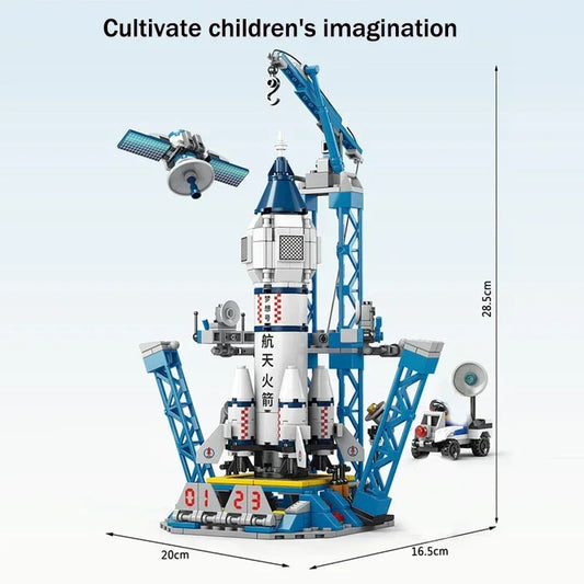Backupsmyfilesnow.com® aviation spaceport model with space shuttle and rocket launch center building blocks for kids' educational play.