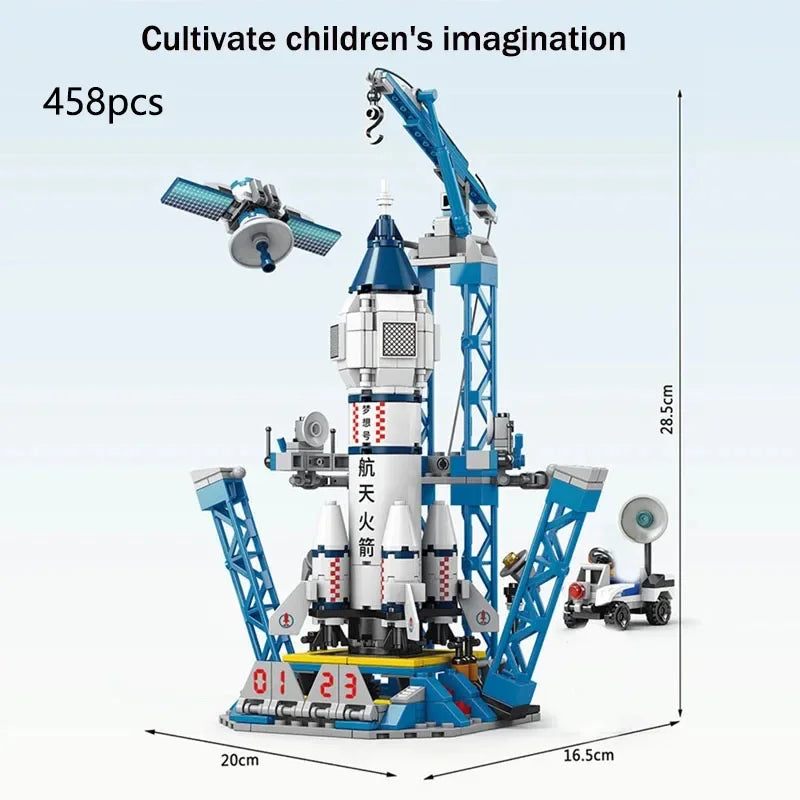Aviation spaceport model featuring a space shuttle, rocket launch center, and spaceship bricks for kids' educational building play.