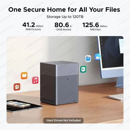 DH4300 Plus 4-Bay Desktop NAS with 120TB capacity, 8GB RAM, diskless setup, remote access, and AI photo album features.