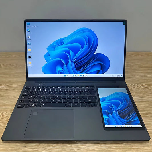 Brand new DS156 business gaming laptop with 15.6-inch and 7-inch dual screens, 16GB RAM, SSD storage, ultra-thin design.