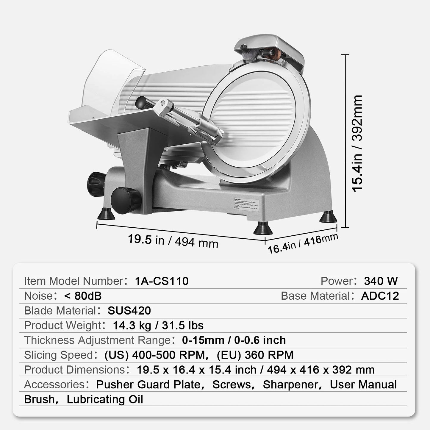 Electric meat slicer with 8-inch carbon steel blade, adjustable thickness, ideal for deli, food, meat, and cheese slicing.