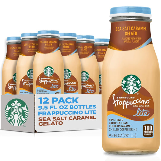 Pack of 12 Starbucks Frappuccino Lite bottles with creamy vanilla gelato flavor, 9.5 fl oz each, fewer calories and natural flavors.