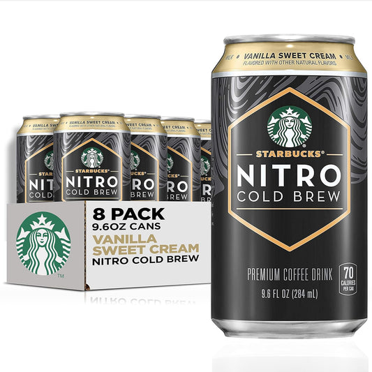 Eight cans of Starbucks Nitro Cold Brew with Vanilla Sweet Cream, 9.6 fl oz each, in black cans, arranged in a pack.