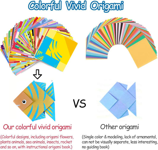 Colorful origami paper set with 96 sheets and a guiding book, ideal for kids and beginners in origami craft projects.