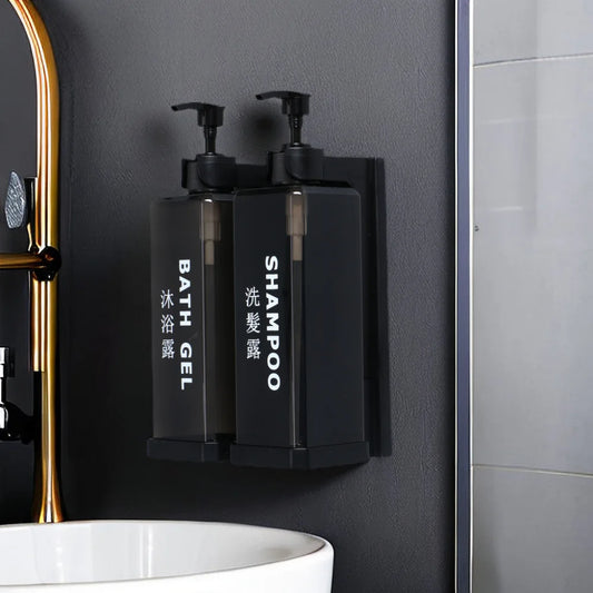 Wall-mounted hotel shampoo and shower gel bottles with hand sanitizer and soap dispensers, no punching required, sleek bathroom setup.