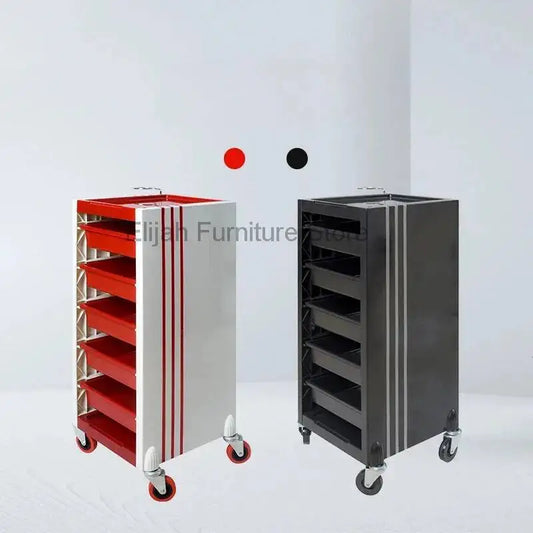 Black cosmetology salon trolley with wheels, esthetician cart for makeup and beauty products, sturdy pretty furniture design.