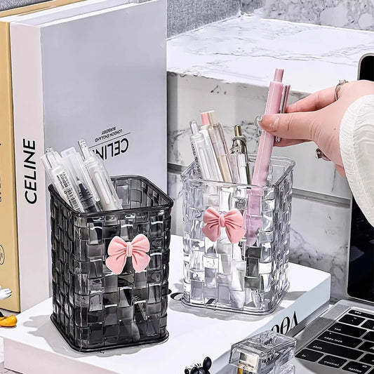 Desktop pen holder and storage box with bow decoration and basket for office supplies, by BackupMyFilesNow.com.
