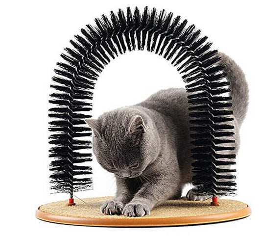 Grooming cat toy arch by BACKUPMYFILESNOW.COM® with colorful hanging toys and scratching surfaces for feline entertainment.