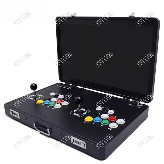 Portable folding home arcade game machine with double screens, joystick, and all-in-one entertainment system for fun gaming sessions.