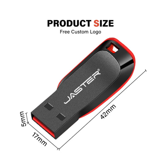 Red plastic USB flash drive with key ring, 4GB capacity, compatible with car, TV, and computer devices.