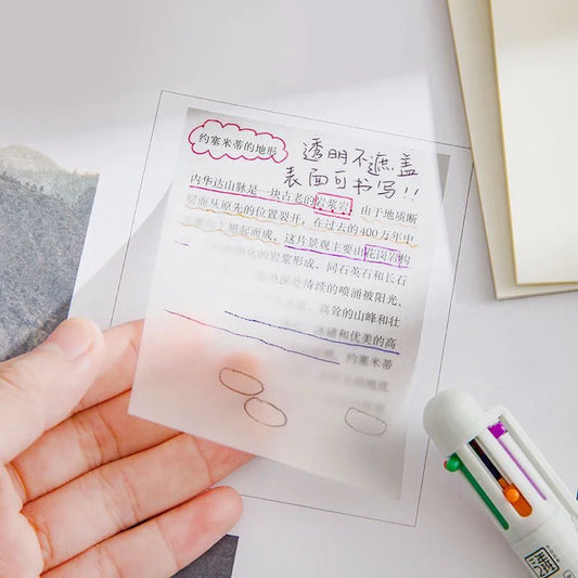 Transparent waterproof sticky notes for school and office use from BackupMyFilesNow.com, shown in a close-up image.