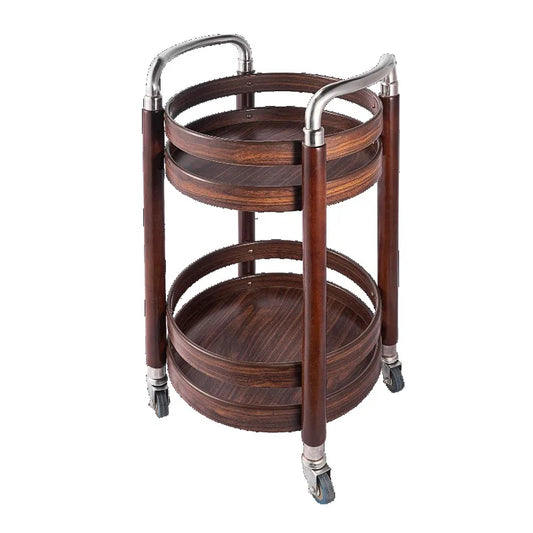 Portable 3-tier wooden snack and dessert display stand for parties and offices, featuring a rolling bar cart for serving and storage.