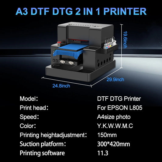 A3 DTG printer from BackupMyFilesNow.com with flatbed design for direct-to-garment printing on clothing and fabrics.