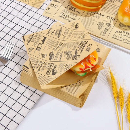 Food wrapping paper with newspaper design, ideal for sandwiches, burgers, fries, and fried foods, oil-waxed for easy handling.