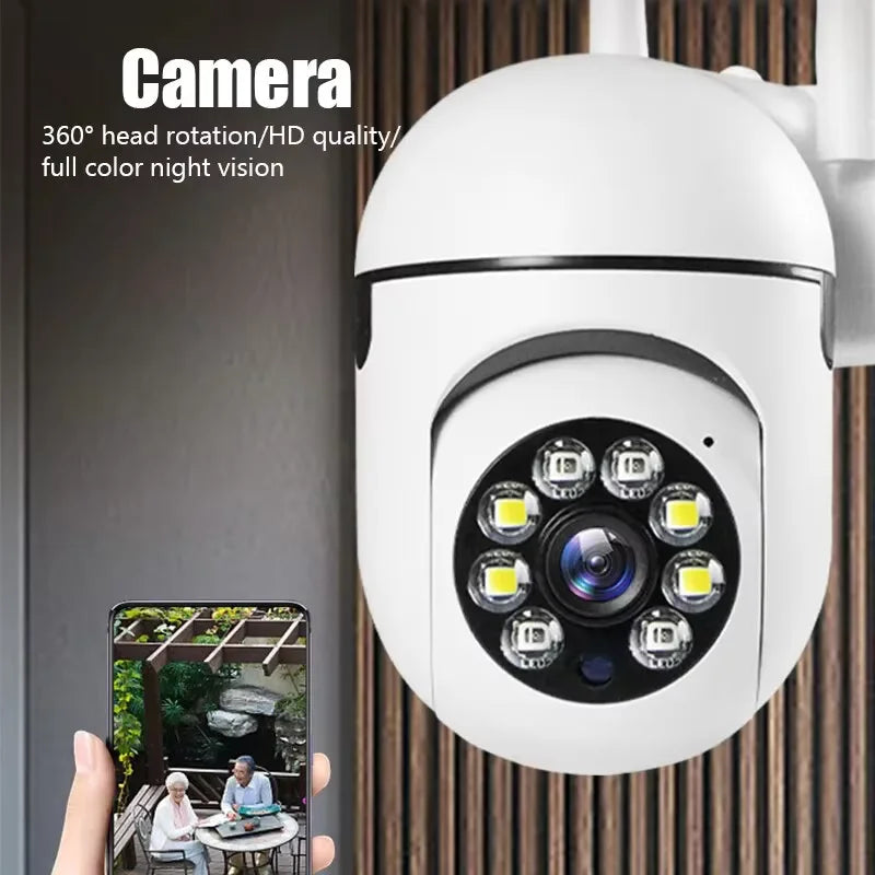 8MP WiFi security camera with PTZ, IR night vision, motion detection, and child monitoring, featuring dual antennas for home surveillance.