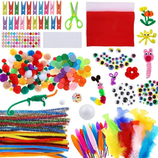 Colorful arts and crafts supplies set for kids including paper, glue, markers, and scissors, ideal for DIY crafting and school projects.