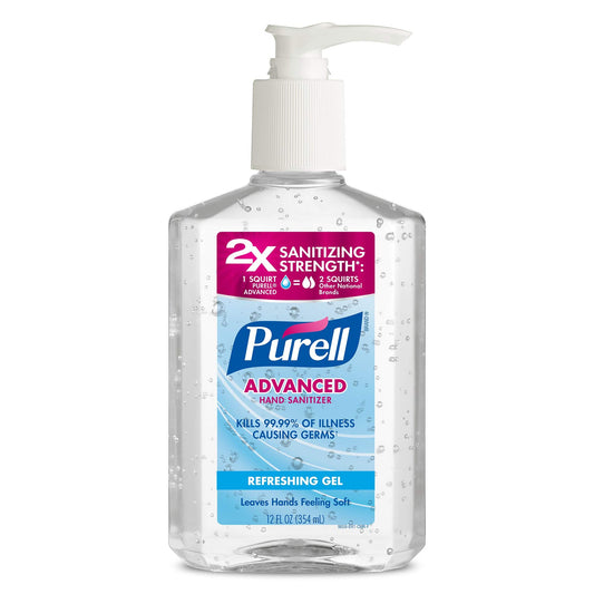 BackupMyFilesNow.com Purell Advanced Hand Sanitizer refreshing gel in 12 fl oz pump bottles, pack of 6 for hand hygiene and cleanliness.