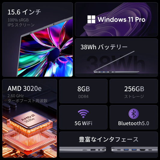 AMD laptop computer with 15.6-inch FHD display, 8GB RAM, 256GB SSD, dual-core processor, WiFi 5, BT5.0, suitable for students and business.