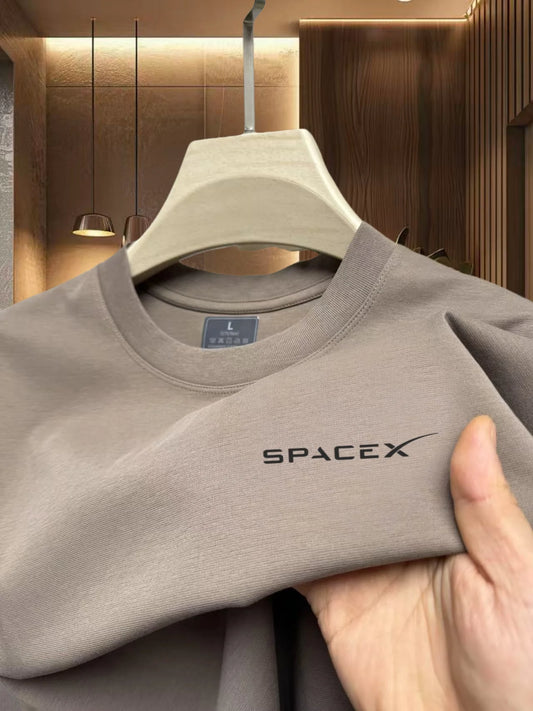 Men's army green SPACEX printed round neck T-shirt by BACKUPMYFILESNOW.COM®, short sleeve, breathable pure cotton summer casual top.