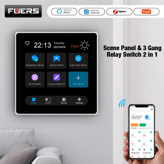 FUERS Smart Wall Switch with 4-inch touch screen, multi-functional scene panel for intelligent Zigbee home automation.