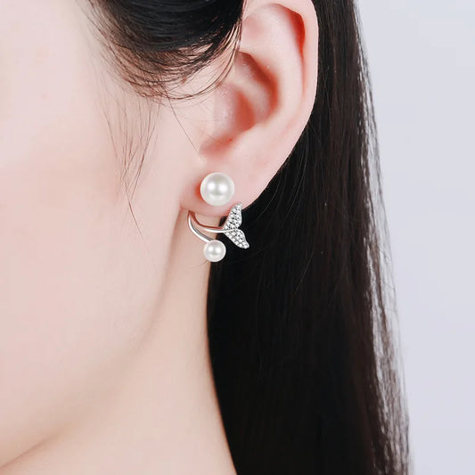 Silver S925 mermaid tail earrings with freshwater pearl and moissanite, versatile two-way style for women’s parties and birthdays.