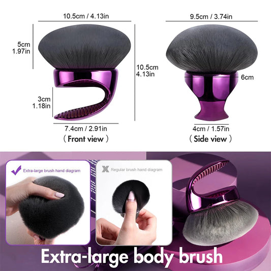 Large vegan kabuki brush for body self-tanner application and foundation blending, professional makeup applicator for smooth, even coverage.