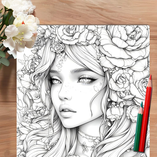 Adult picture book featuring detailed portraits of beautiful women in bloom for makeup practice and coloring pencil techniques.