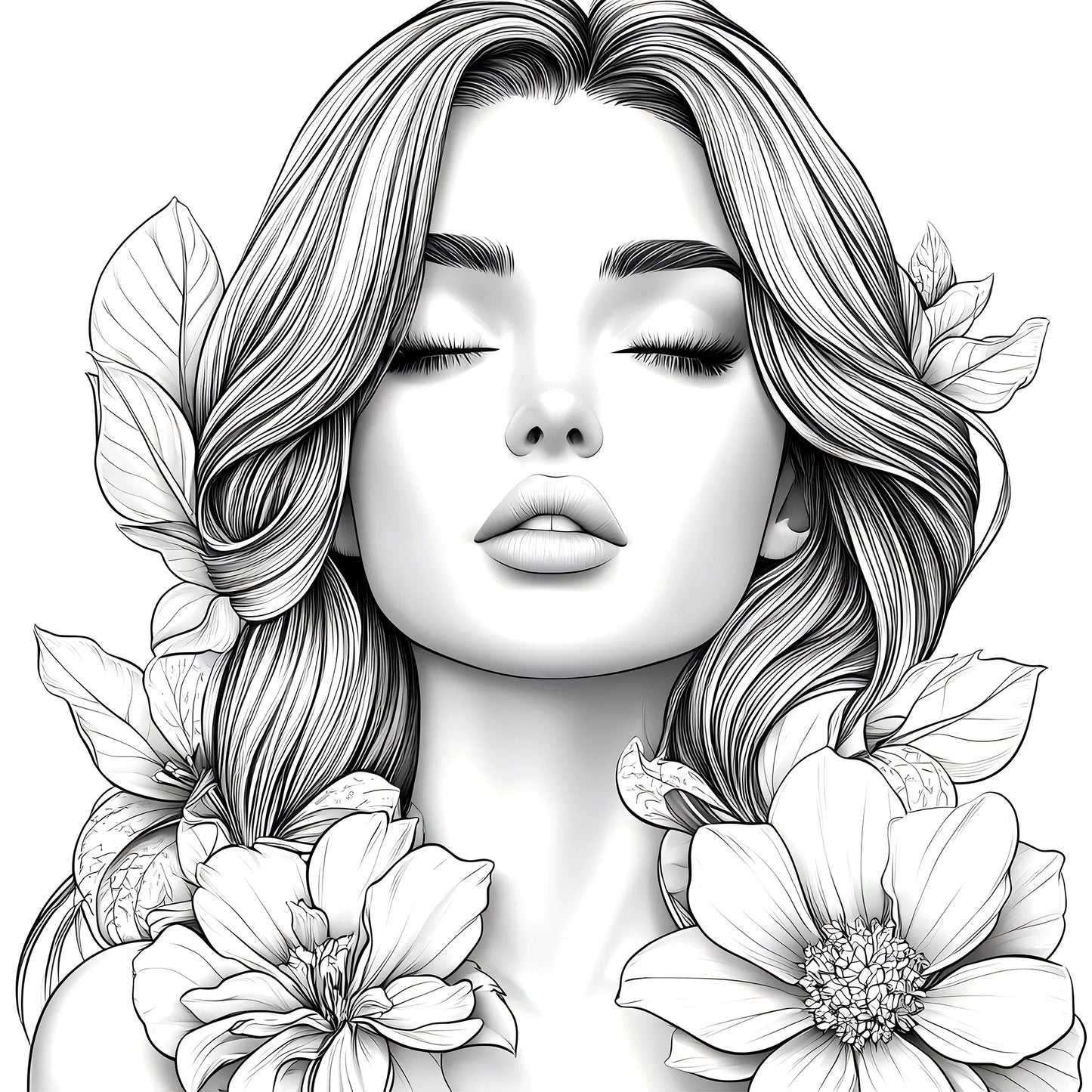 Adult picture book by BackupMyFilesNow.com featuring detailed portraits of beautiful women in bloom for makeup practice and coloring.