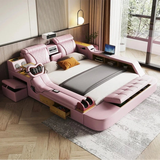 Tech Smart Bed by BackupMyFilesNow.com with genuine leather, massage, built-in speaker, projector, and air purifier in a modern bedroom scene.