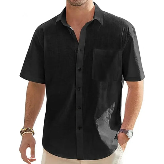Men's beige cotton linen short sleeve shirt with pocket, casual lightweight summer top for vacation and beach wear by BACKUPMYFILESNOW.COM®