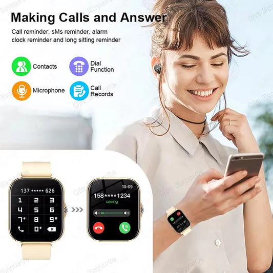 Smart Watch with 2.01-inch HD display, fitness modes, message preview, call answer, weather forecast, and customizable dial for men and women.
