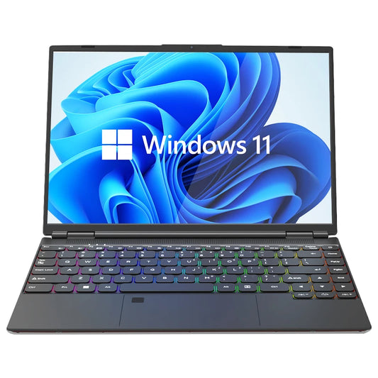 Black 14-inch business laptop with SSD options from 128GB to 2TB, Intel N95, 8GB RAM, 4500mAh battery, transparent design.