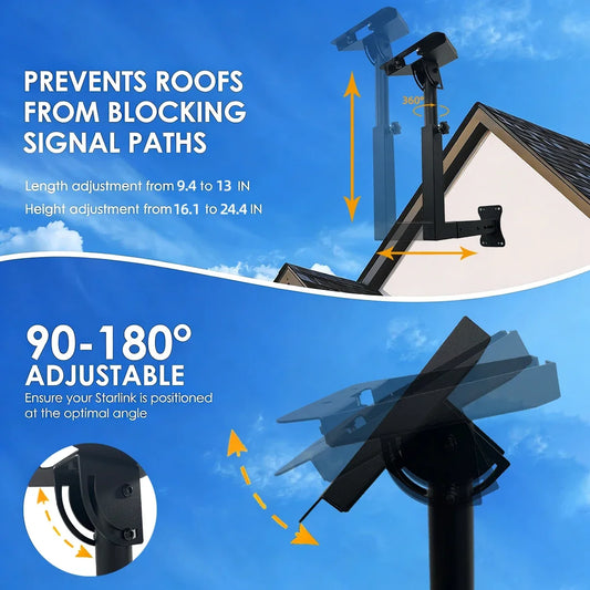Black 16-inch Starlink Gen 3 adjustable wall mount support arm with telescoping design for concrete or wood walls. Rustproof and weatherproof.