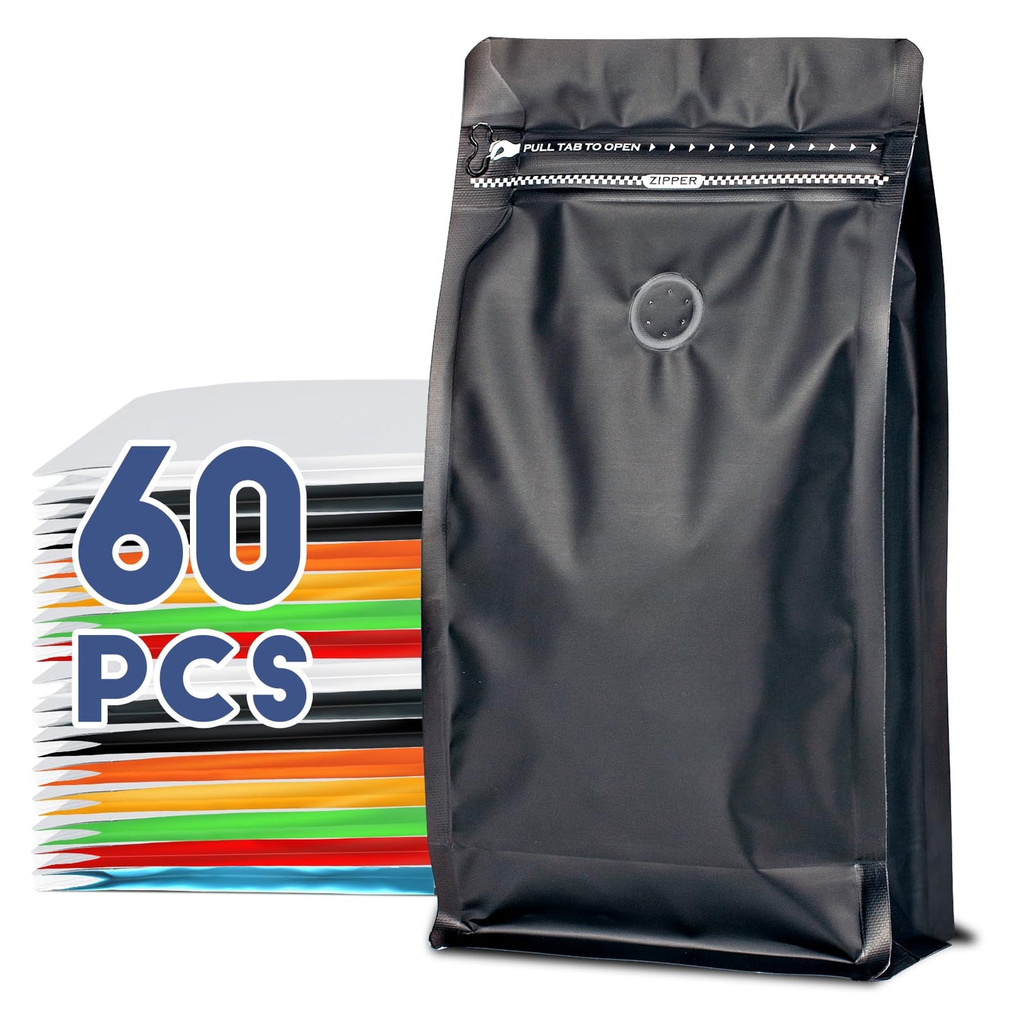 Black 16oz coffee packaging bags with vented valve, zipper seal, and barrier design for storing coffee beans or grounds.