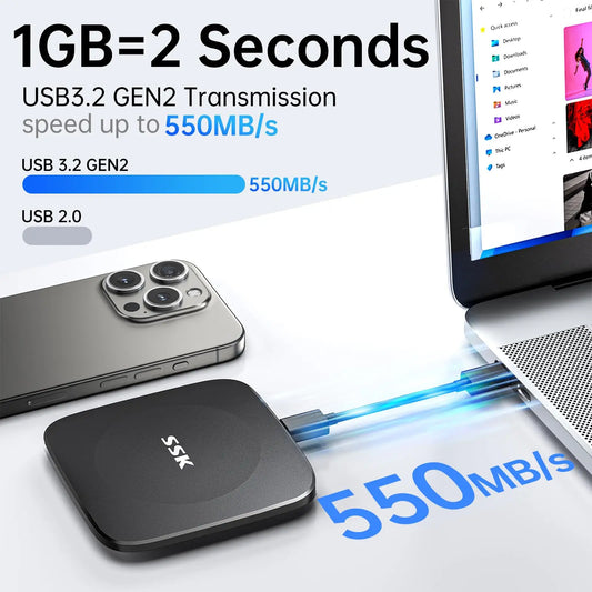Black 1TB SSK external solid state drive with Type-C port, portable external storage for laptop and iPhone 16 from BackupMyFilesNow.com