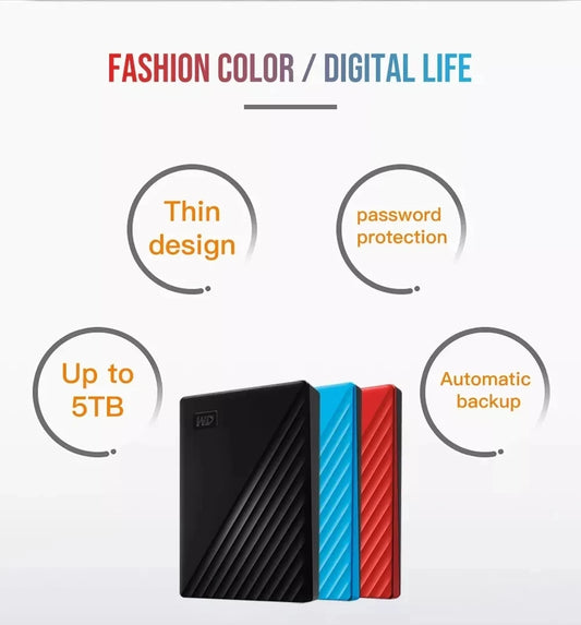 Western Digital WD My Passport portable external hard drive in black, available in 1TB, 2TB, 4TB, and 5TB with USB 3.0