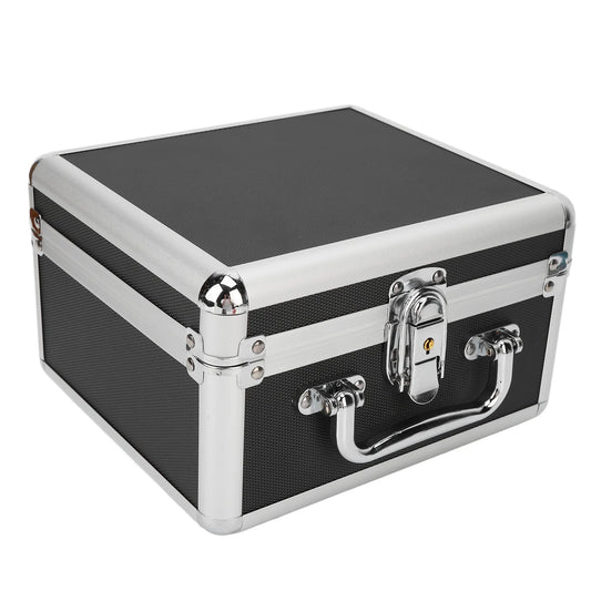 Black 2.5-inch hard drive storage box with handle, 20 bays, aluminum alloy case, security lock, designed for home storage.
