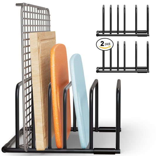 Black heavy-duty 5-slot cutting board organizer rack from SAGLAU, ideal for kitchen storage of cutting boards, bakeware, and cookie sheets.