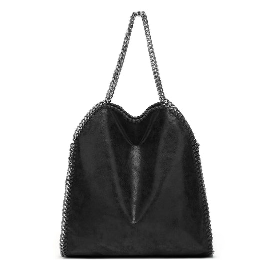 Black women's fashion handbag with chain strap, large shoulder crossbody style, casual pocket design, suitable for birthdays.