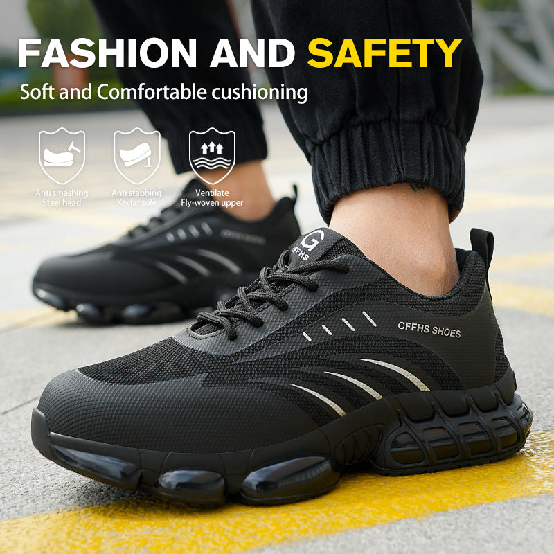 Black popcorn sole safety shoes for protective footwear by BackupMyFilesNow.com, featuring durable design and reinforced toe protection.