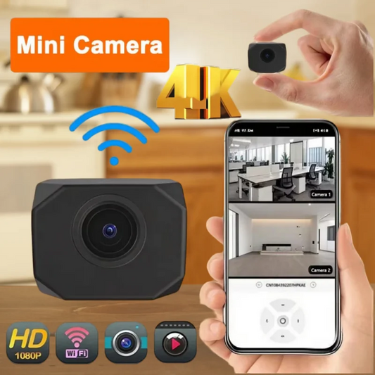 Black 4K HD WiFi security camera for home indoor surveillance, compact design with app remote monitoring from BackupMyFilesNow.