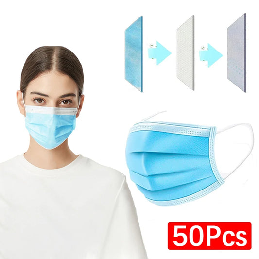 Blue 3-layer disposable face masks for adults, melt-blown cloth, anti-dust, protective safety masks, 50-pack.