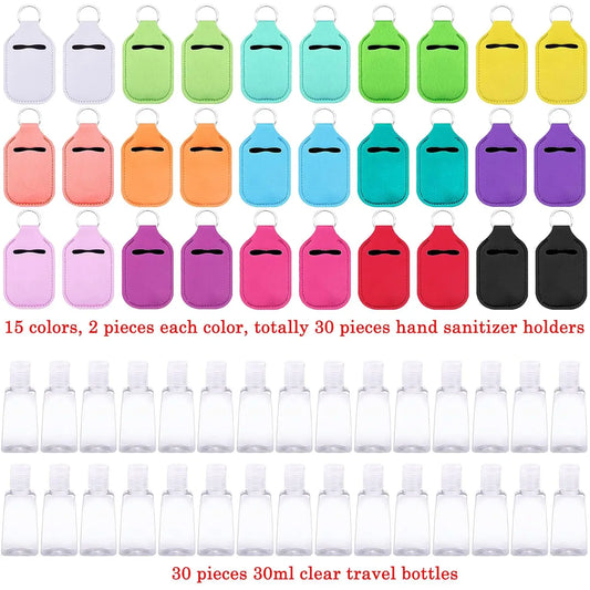 Set of 60 reusable clear hand sanitizer keychain holders and travel bottles for backpacks and purses.