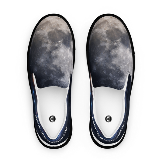 Black women's slip-on canvas shoes by BACKUPMYFILESNOW.COM® with white soles and a casual, comfortable design.