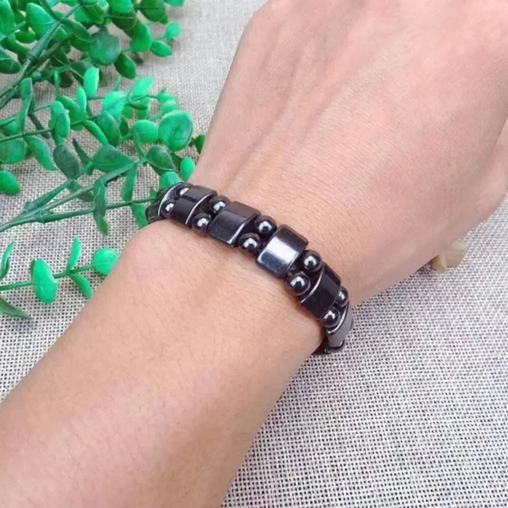 Black gallstone magnetic bracelet with double-row beads, unisex design, featuring magnetic energy therapy for men and women.