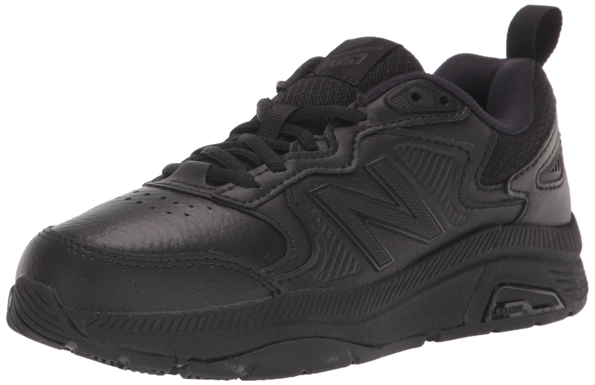 New Balance Women's 857 V3 casual comfort cross trainer shoes in black and black, size 9, featuring a sleek sporty design.