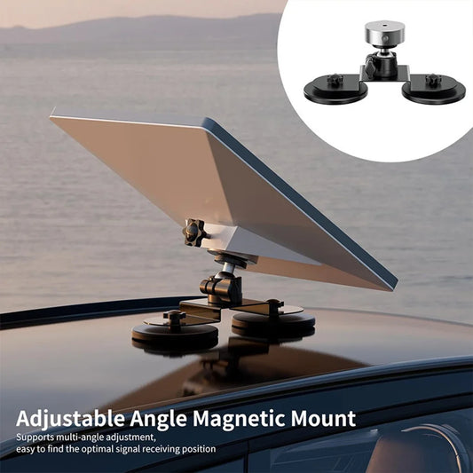 Black 360° magnetic car roof mount bracket for Starlink Mini, with strong suction and adjustable angle for RV or vehicle installation.