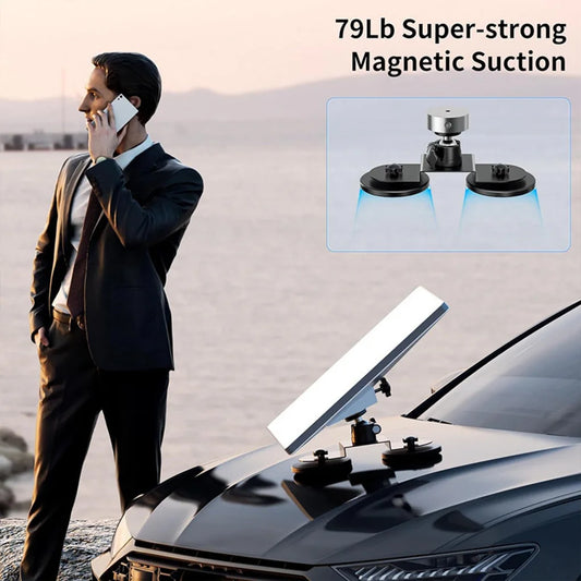 Black 360° magnetic car roof mount bracket with strong suction for Starlink Mini, adjustable angle, suitable for RVs and vehicles.