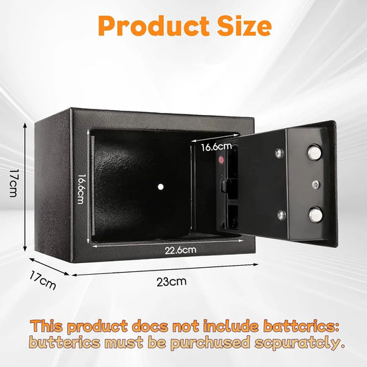 Black electronic safe box with keypad and key, portable small security lockbox for home, cash, kids, and office use.